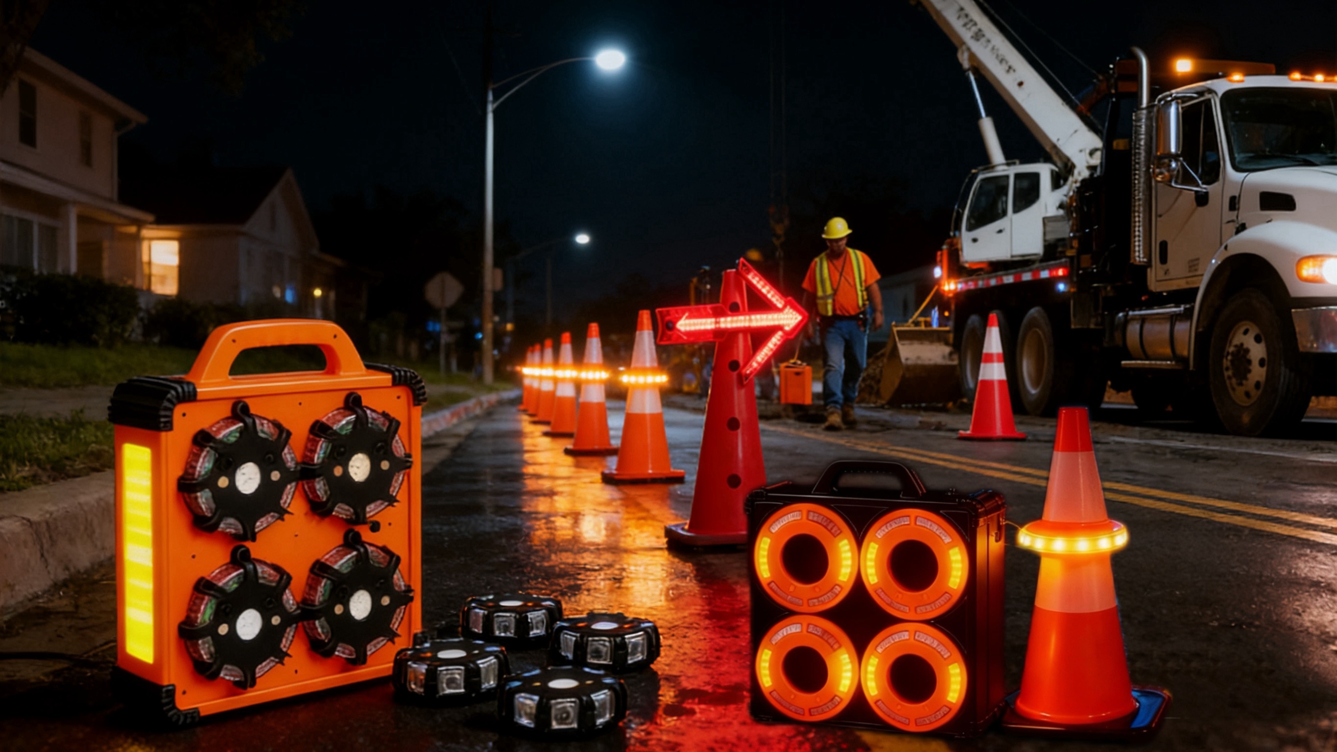 Sequential LED warning lights on a highway at night - traffic cone lights, road flares and arrow guide lights