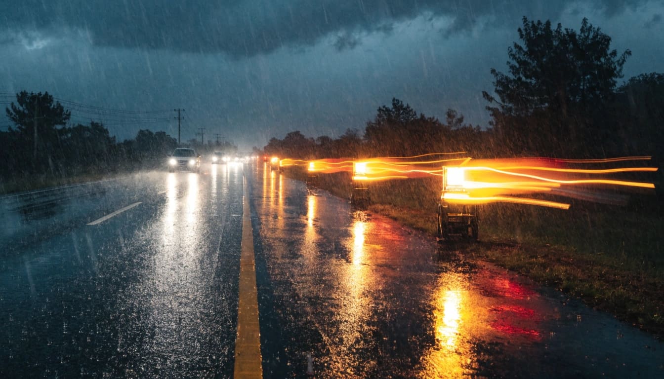 A series of sequential smart flares creating a directional light path on a dark road