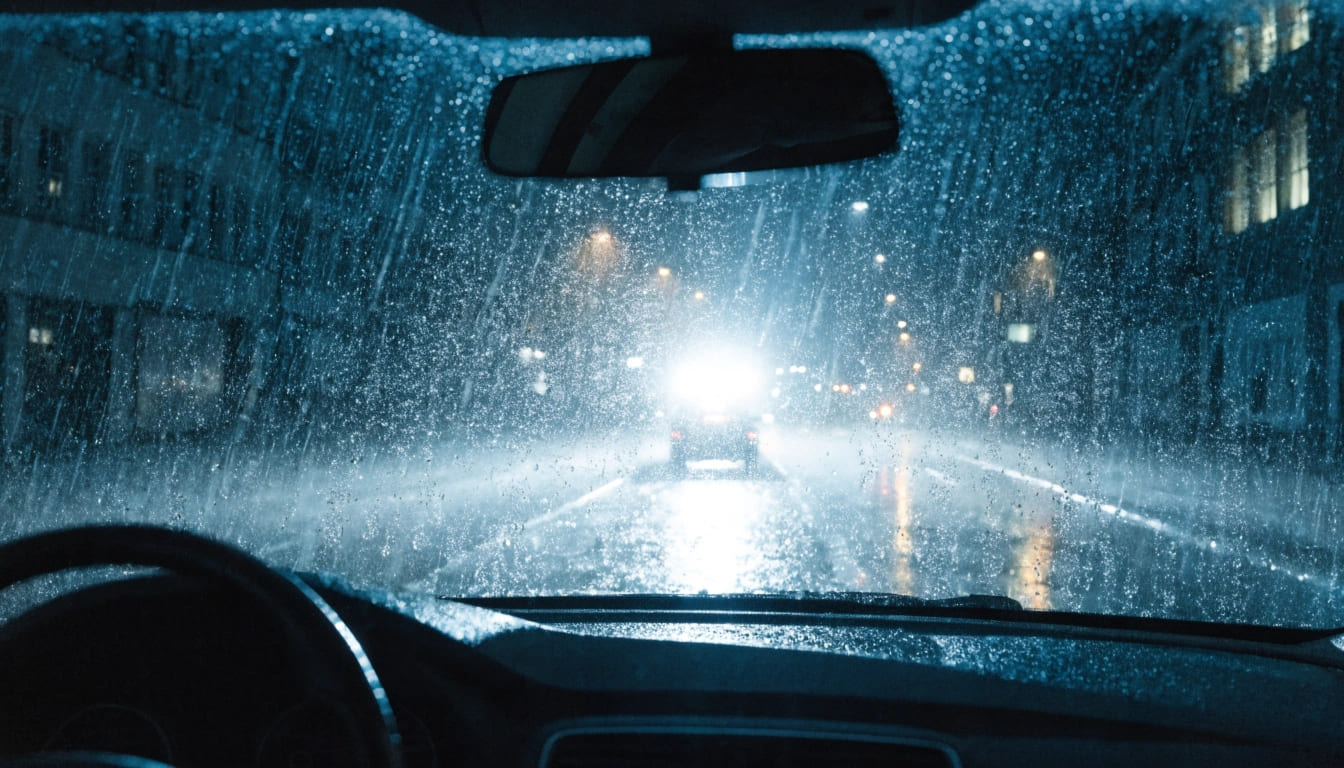 A car driving through heavy rain with a glaring light in the distance