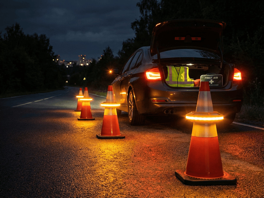 A top-down view showing how sequential flares guide traffic around a hazard