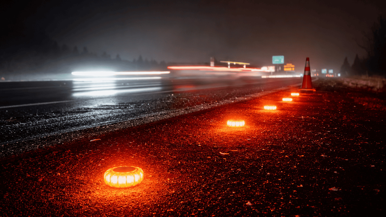 LED road flares being used on the side of a highway at night