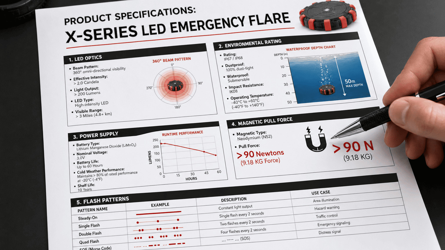 A close-up of a technical specification sheet for an electronic device