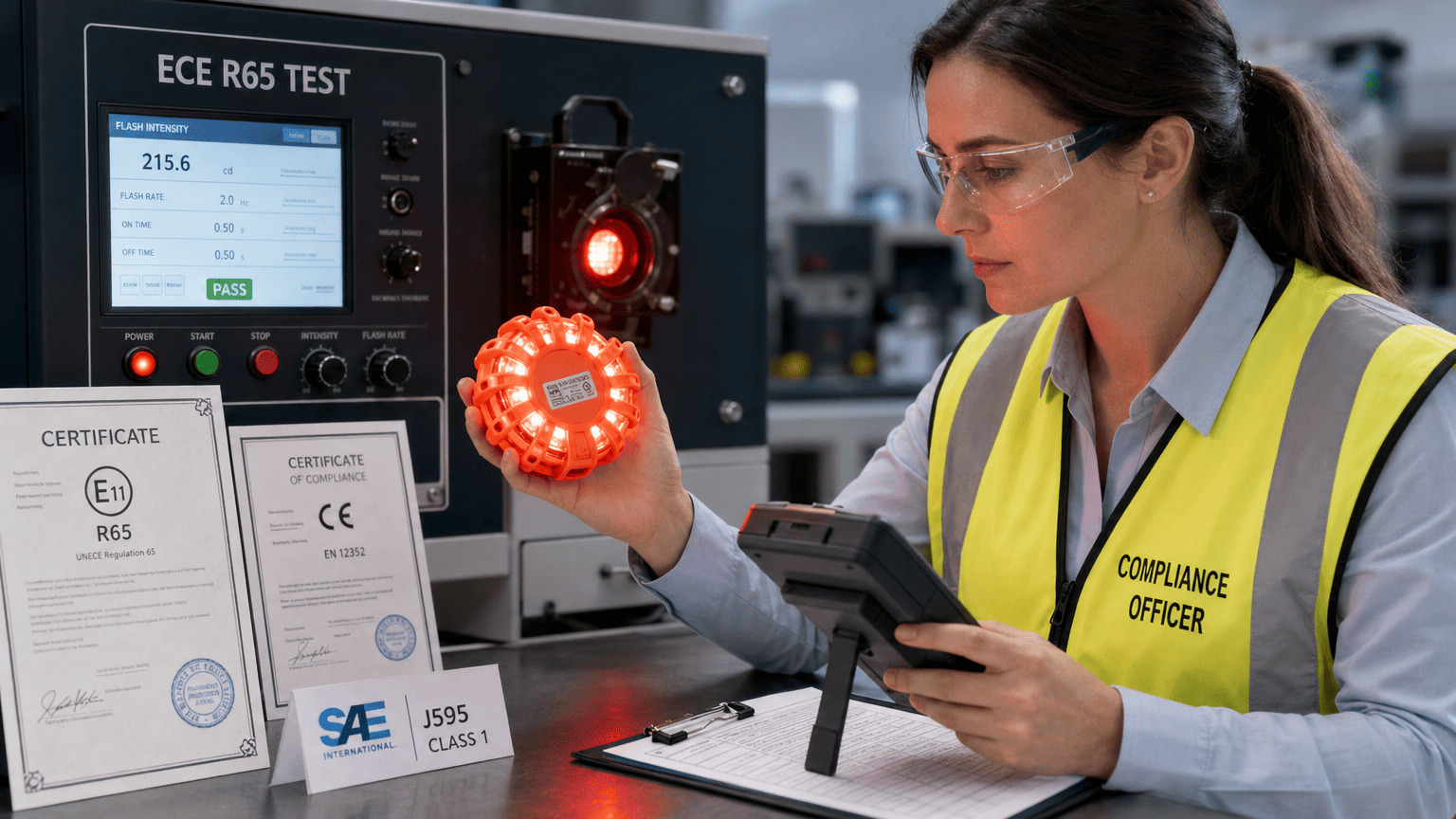 A government compliance officer inspecting safety equipment