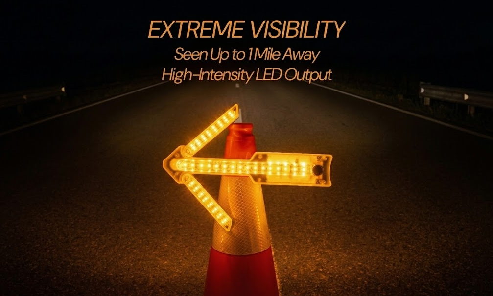 Portable arrow lights directing traffic at emergency scene