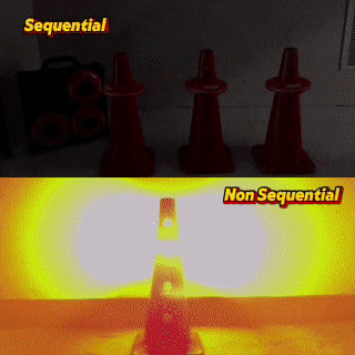 Sequential vs non sequential LED road flare pattern comparison on highway