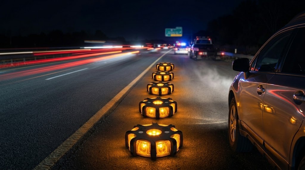 LED road flares deployed on highway shoulder at night for emergency warning