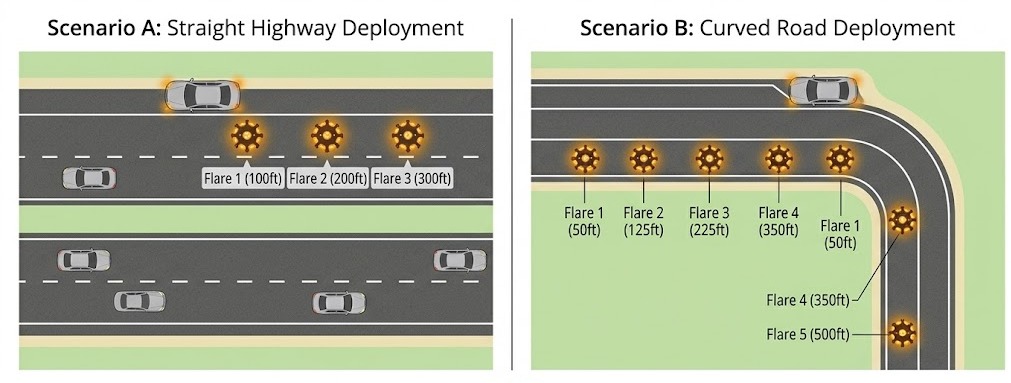 Road flare placement diagram comparing straight highway vs curved road deployment