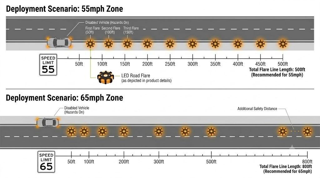 Top-down road flare spacing diagram showing placement distances at 55mph and 65mph