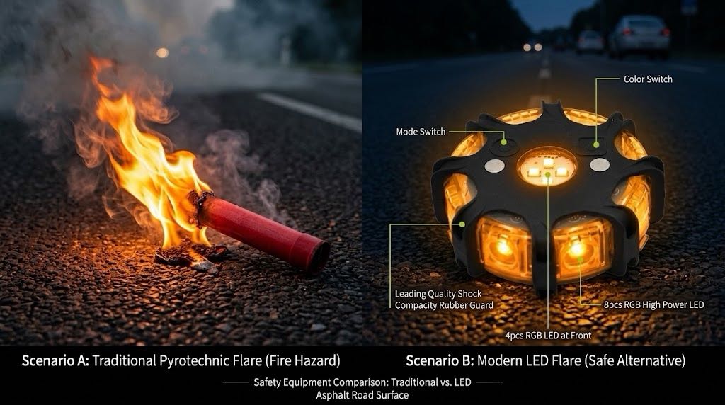 Traditional road flare open flame vs LED warning light safety comparison