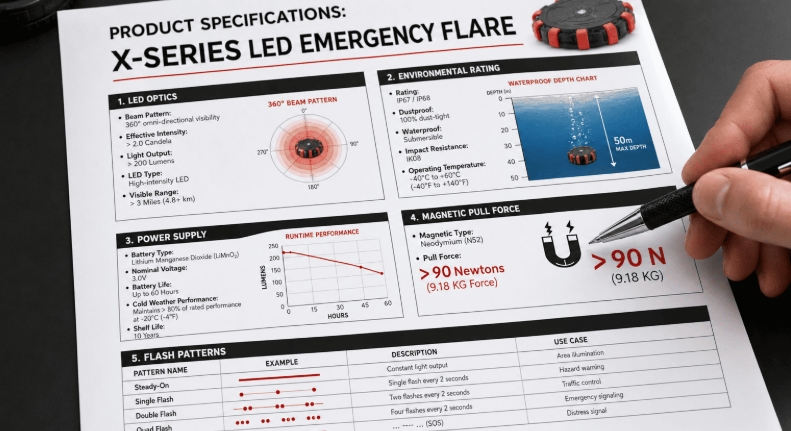 LED road flare spec sheet showing IP67 rating, lumen output and magnet strength