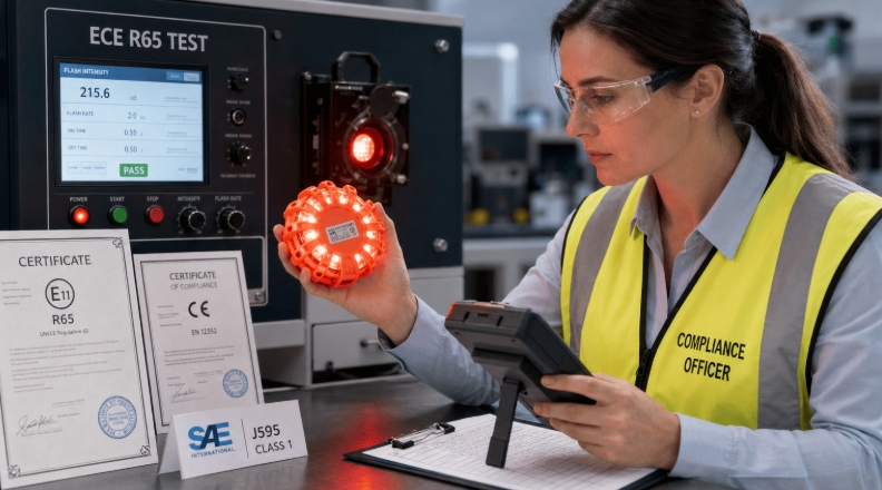ECE R65 compliance inspection for LED safety flares government certification