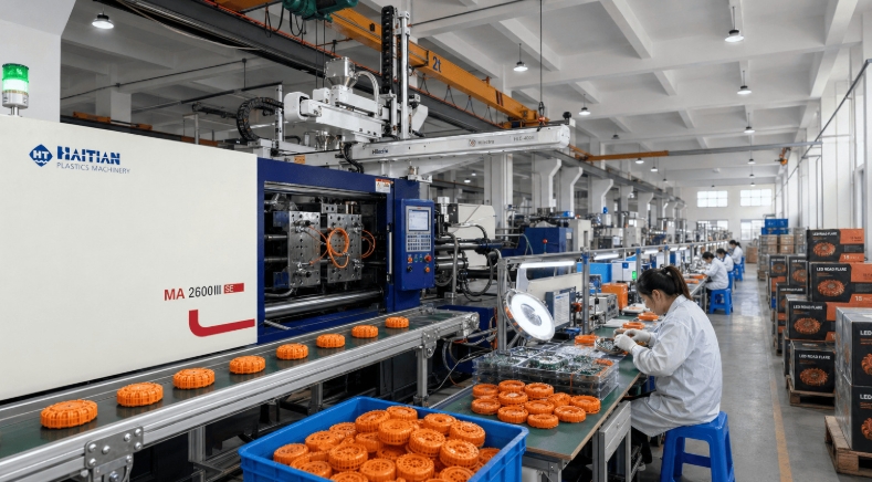 LED road flare manufacturing facility with injection molding production line
