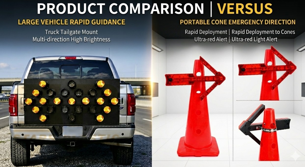 Portable arrow safety light compared to trailer-mounted LED arrow board on highway shoulder at night