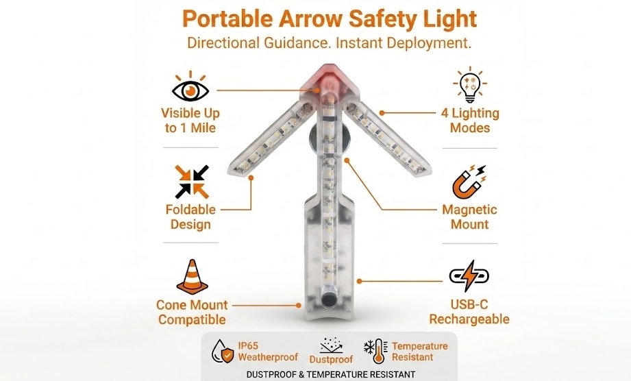 portable arrow safety light showing LED panel, Type-C charging port, and magnetic mount