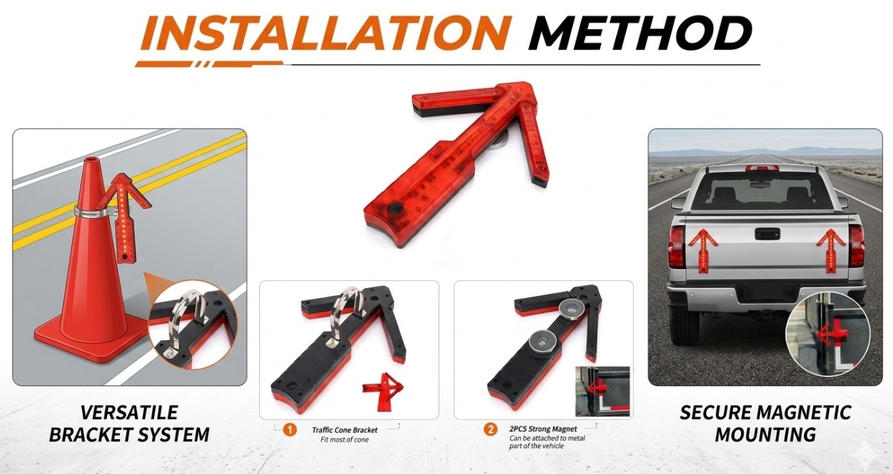 Portable arrow safety light mounted via cone mount, magnetic mount, and suction cup