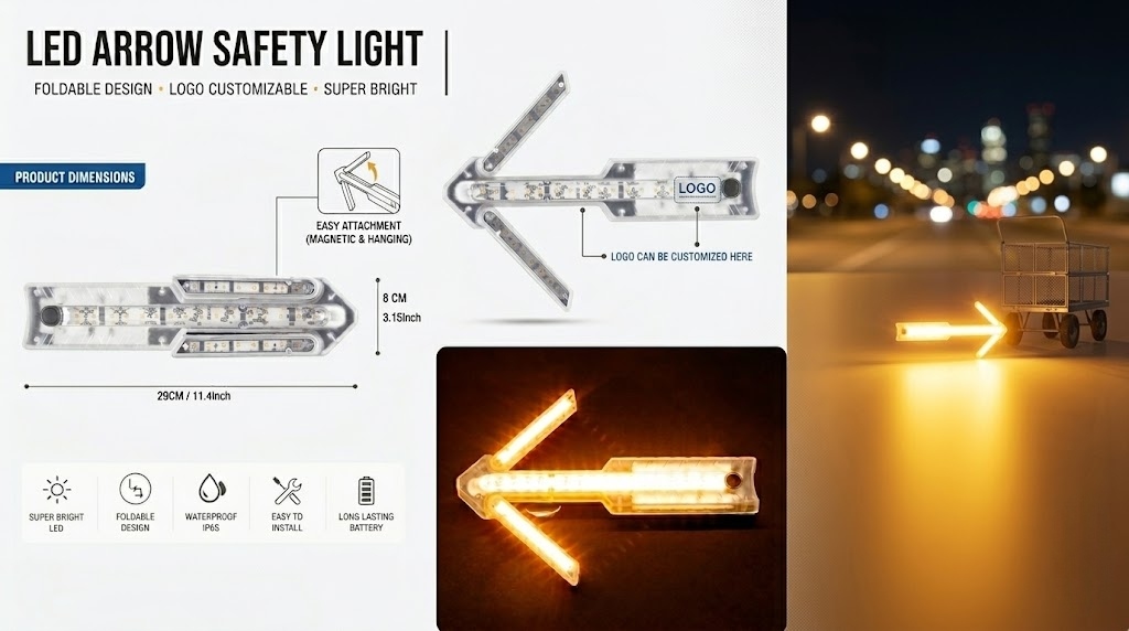 OEM packaging comparison for portable arrow safety light, neutral box versus custom branded box
