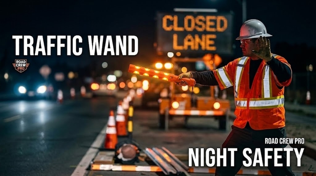 LED traffic wand held by a road crew flagger directing traffic at a night construction lane closure