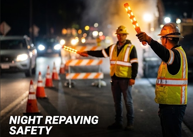 Two flaggers using LED traffic wands to manage a single-lane closure during overnight road resurfacing