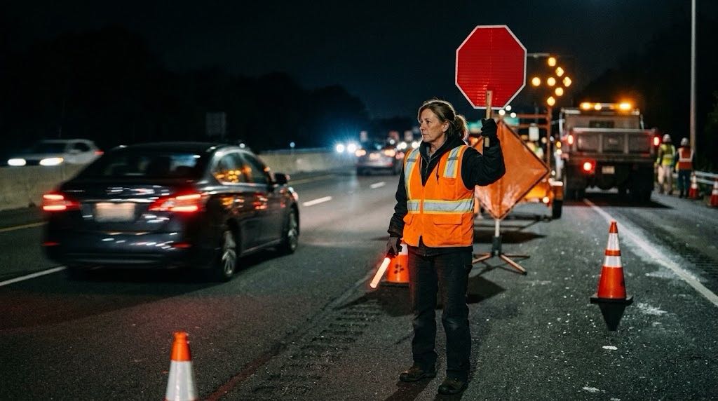  LED traffic wand and STOP/SLOW paddle used together by a flagger at a nighttime highway work zone