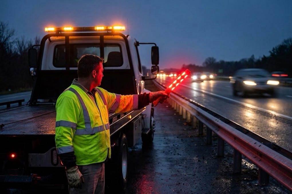 Tow truck operator using a rechargeable LED traffic wand to direct traffic at night roadside