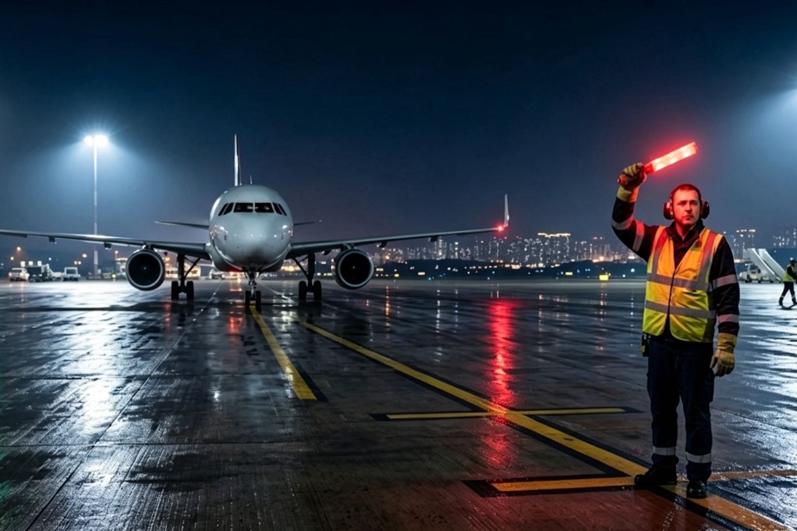  Airport ground crew member marshaling aircraft with a red LED traffic wand at night