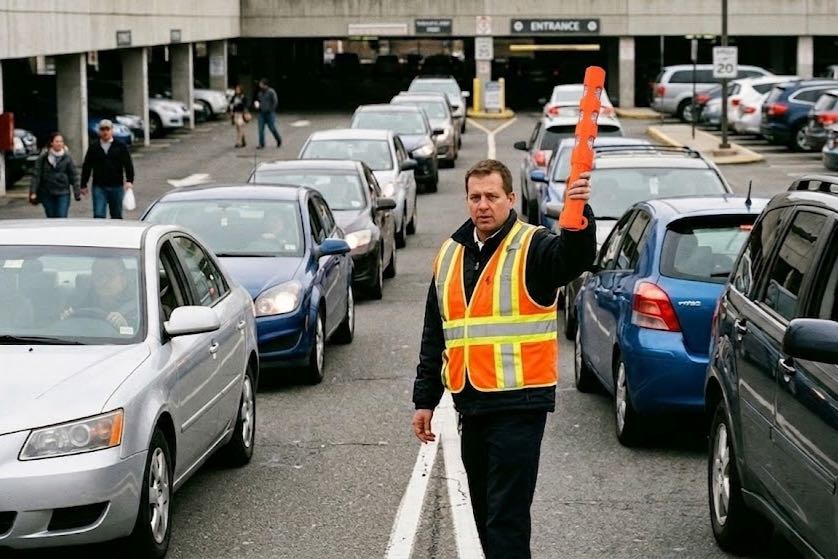  Parking attendant using an LED traffic wand to direct vehicles through a busy parking lot