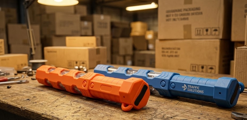 Comparison of standard vs custom LED traffic baton showing MOQ difference for wholesale buyers