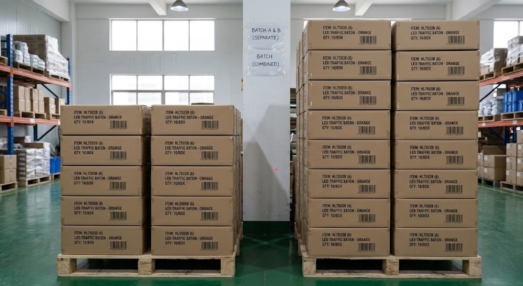 Two smaller production batches of LED traffic batons versus one combined larger order batch