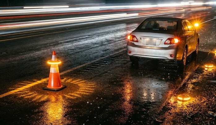 Safety cone light and LED road flares forming a warning perimeter around a vehicle on a highway shoulder