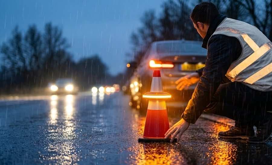 Wholesale buyer deploying LED road flares and a safety cone light around a disabled vehicle in rain
