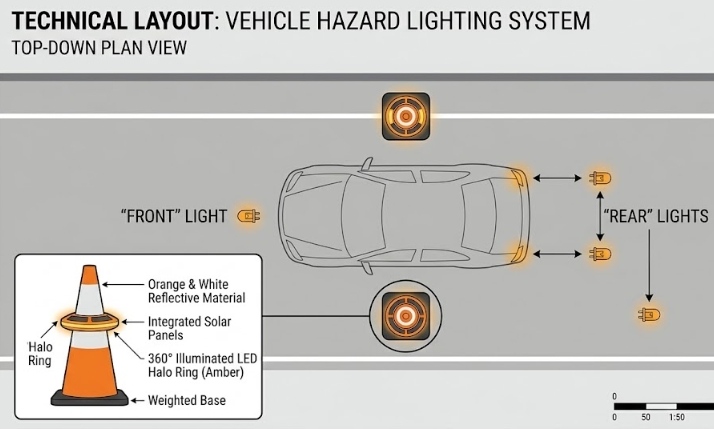 Diagram of front, rear, and lateral safety cone light placement around a stopped vehicle