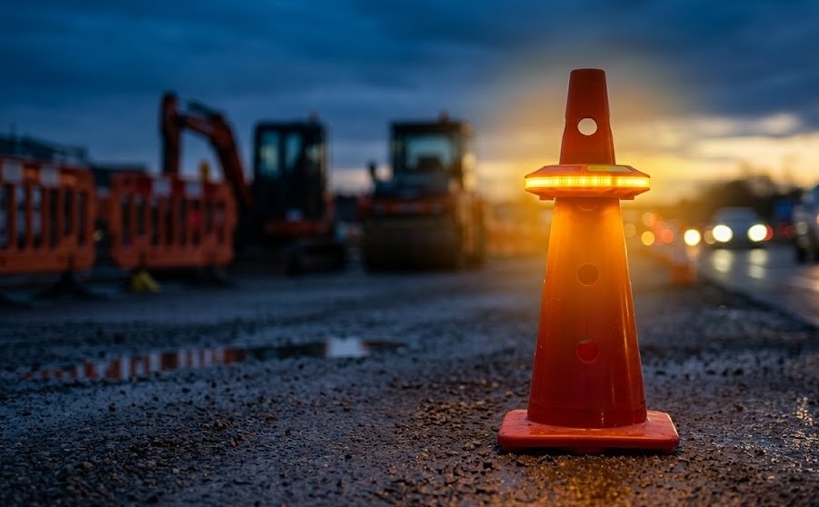 Safety cone light mounted on a traffic cone giving 360-degree lateral visibility at a roadwork site