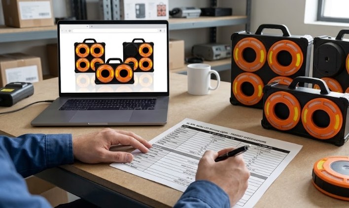 Wholesale buyer reviewing safety cone light and warning kit specs with product samples on a desk