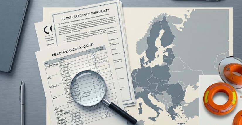 Map and documents showing European market CE compliance overview for traffic cone lamp importers
