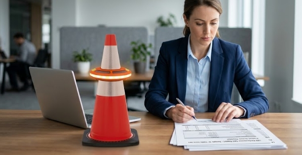 Procurement manager reviewing CE, RoHS, and LVD test report checklist to compare traffic cone lamp suppliers