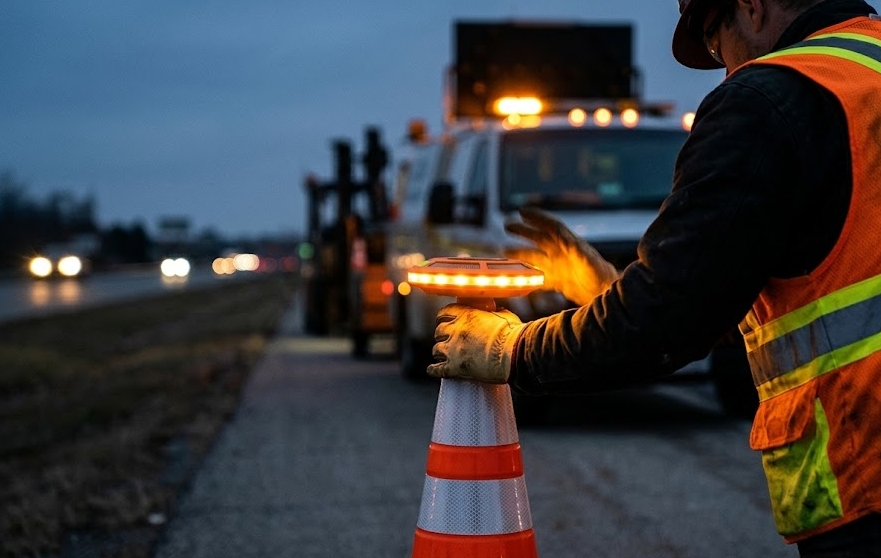 Traffic cone lamp with magnetic base mounted on an orange road cone next to a standalone beacon on a bracket