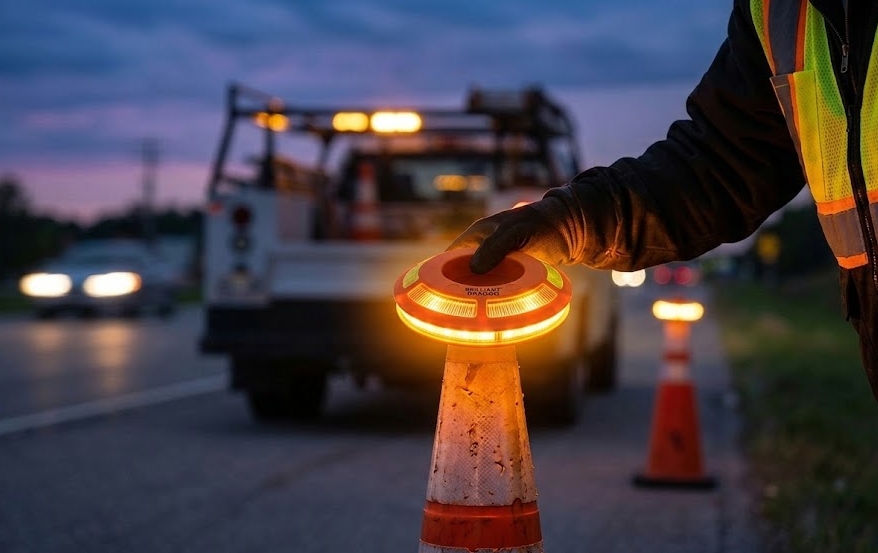 Worker placing a traffic cone lamp on a road cone during fast roadside warning light deployment at dusk