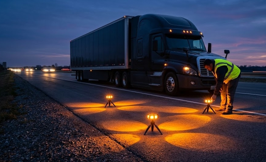 FMCSA road flare requirements for fleets — commercial truck with LED warning devices at roadside stop