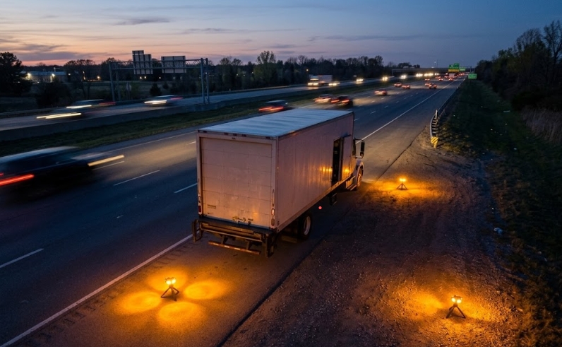 FMCSA Part 393.95 warning device placement pattern around a stopped commercial vehicle