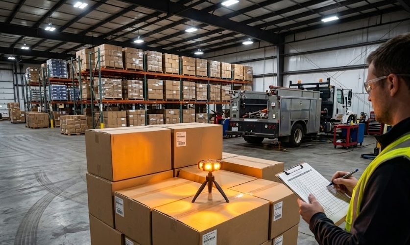 Fleet warehouse restocking cycle for bulk LED road flare procurement and inventory