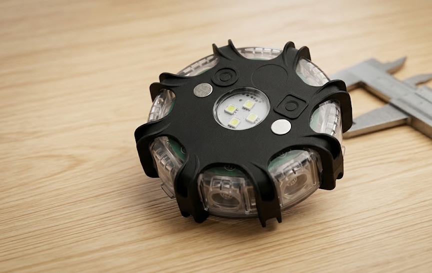 LED road flare housing and magnet base before tooling-level customization