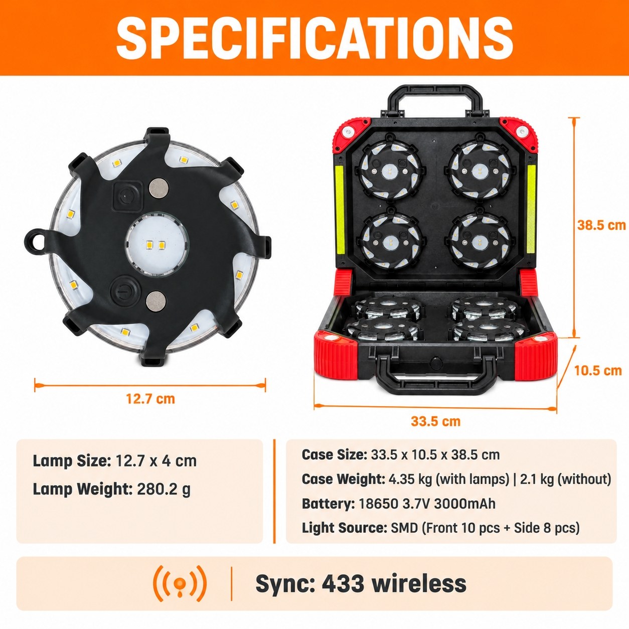 LED road flare kit specification chart with lamp size, weight, case size and wireless sync