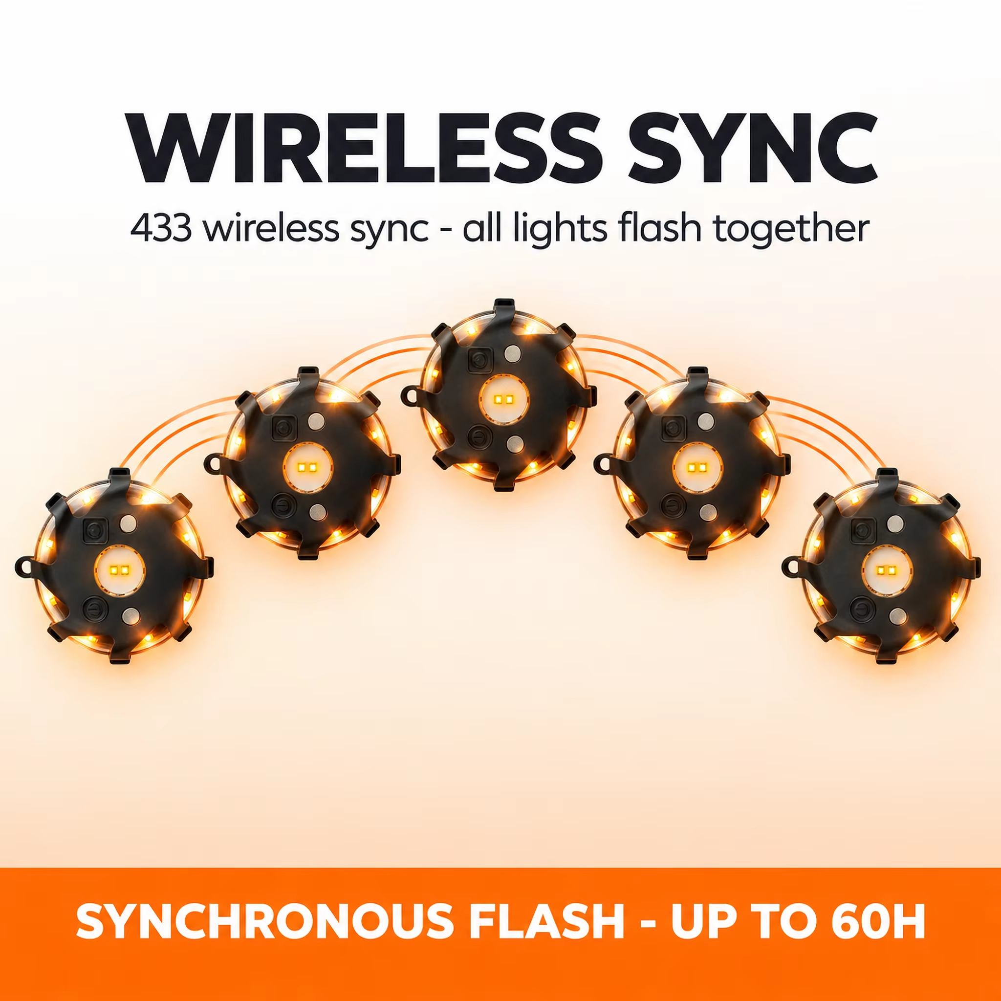 LED road flares flashing together with wireless sync, Synchronous Flash runs up to 60 hours