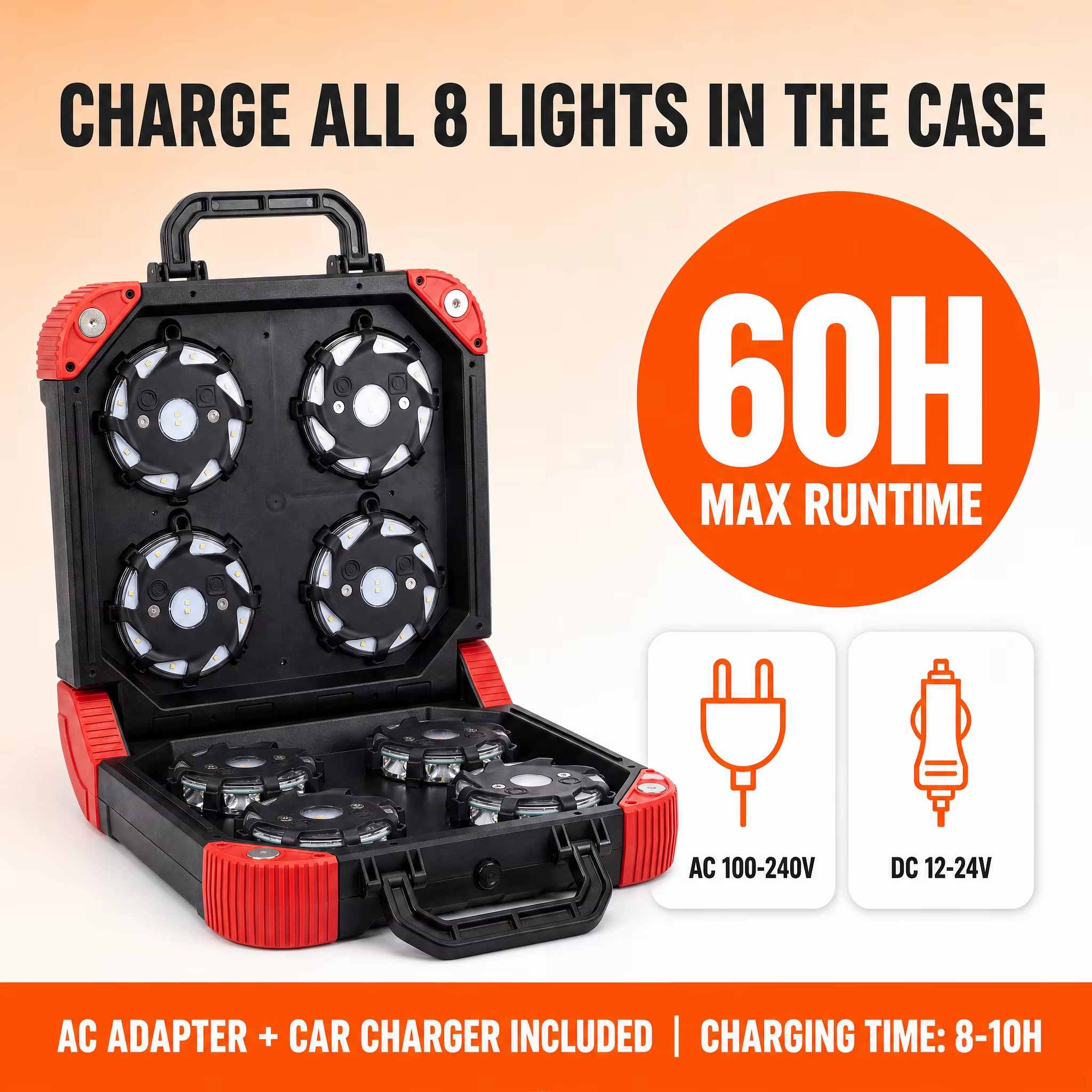 Road flare charging case that charges all 8 LED lights at once, with AC adapter and car charger Road flare charging case that charges all 8 LED lights at once, with AC adapter and car charger