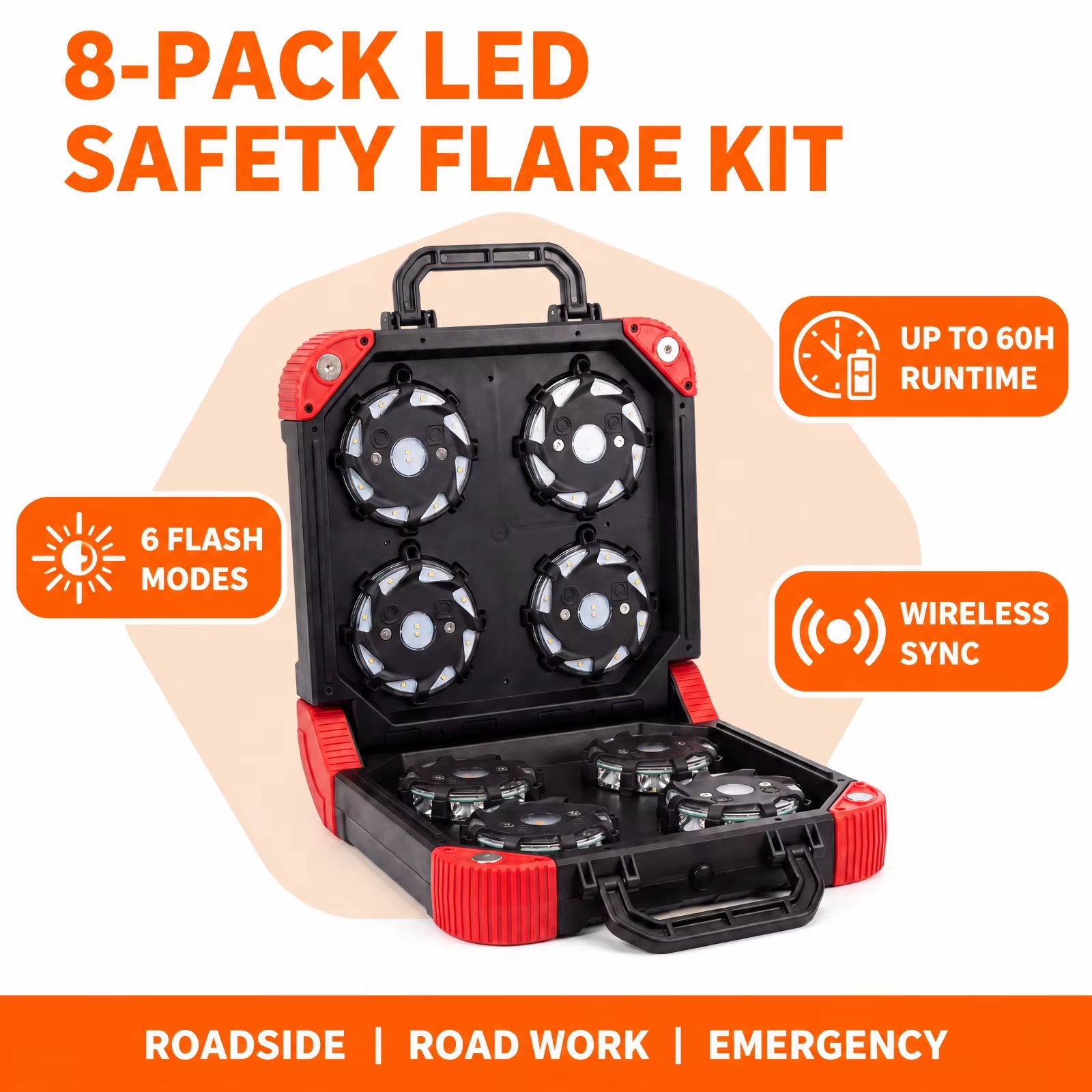 8 pack LED safety flare kit with 6 flash modes, wireless sync and up to 60H runtime for roadside use