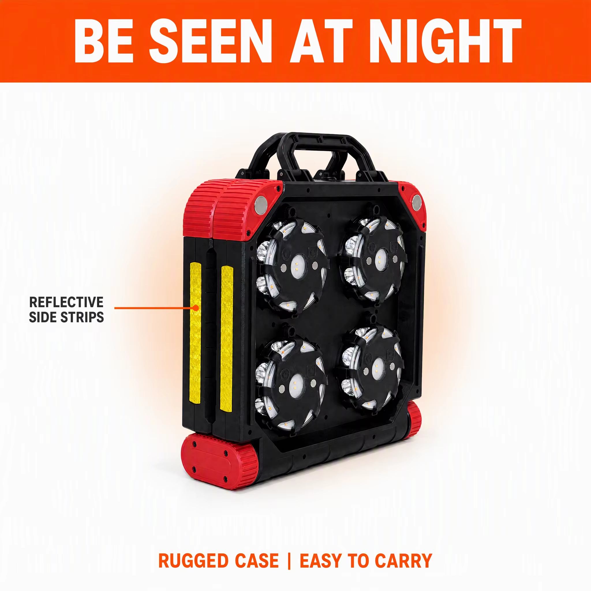 Road flare case with reflective side strips for night visibility and rugged, easy carry design Road flare case with reflective side strips for night visibility and rugged, easy carry design