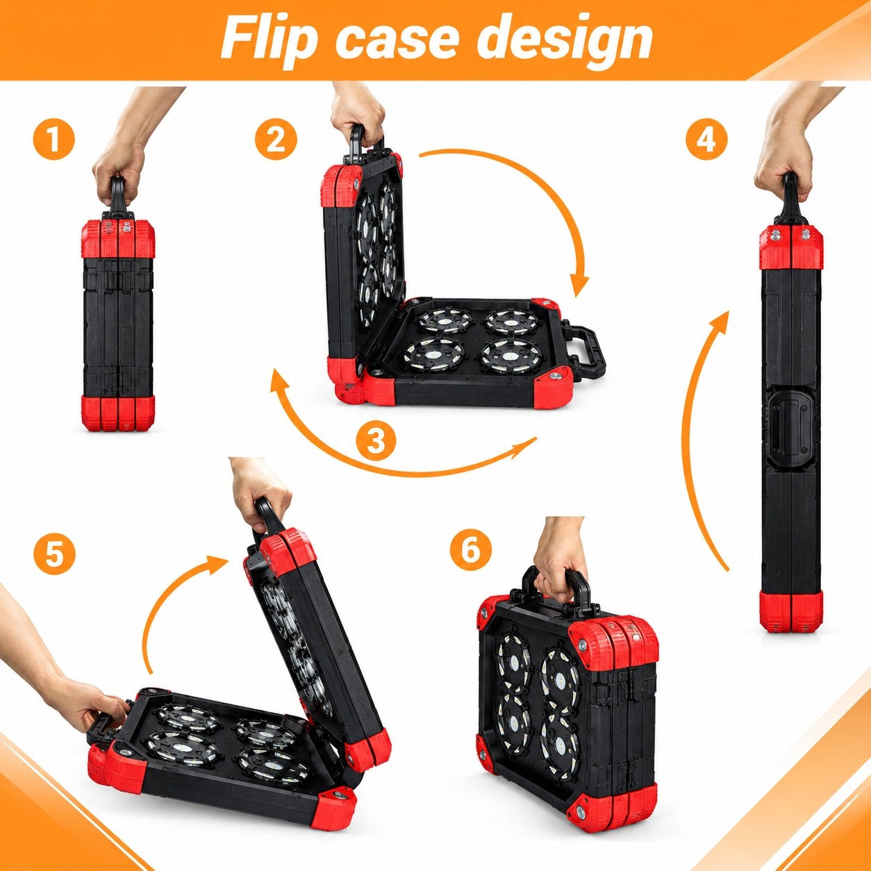 Six-step flip case design of the LED road flare kit, opening 360° to store flares on both sides