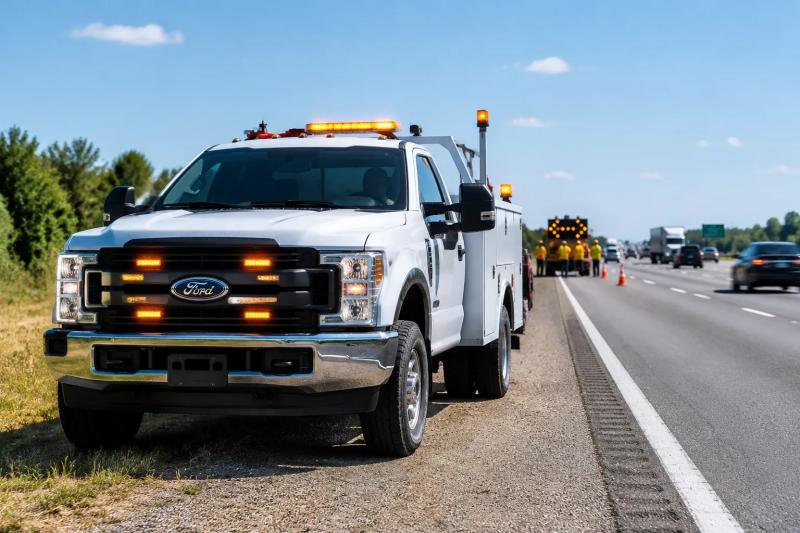 Bright LED warning light on fleet service vehicle