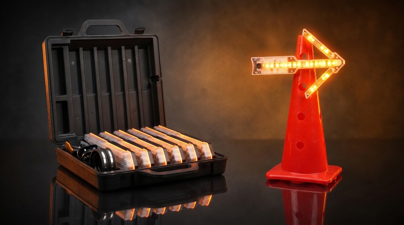 SYNC arrow light kit: carry case with six LED arrow lights and one arrow light mounted on a traffic cone