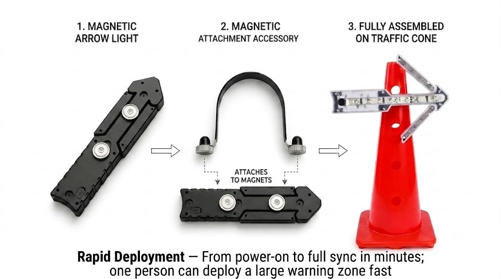 Magnetic arrow light, magnetic attachment accessory and the fully assembled arrow light on a traffic cone
